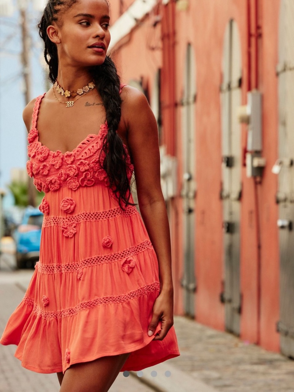 Free People Coral Crochet-Detail Romper